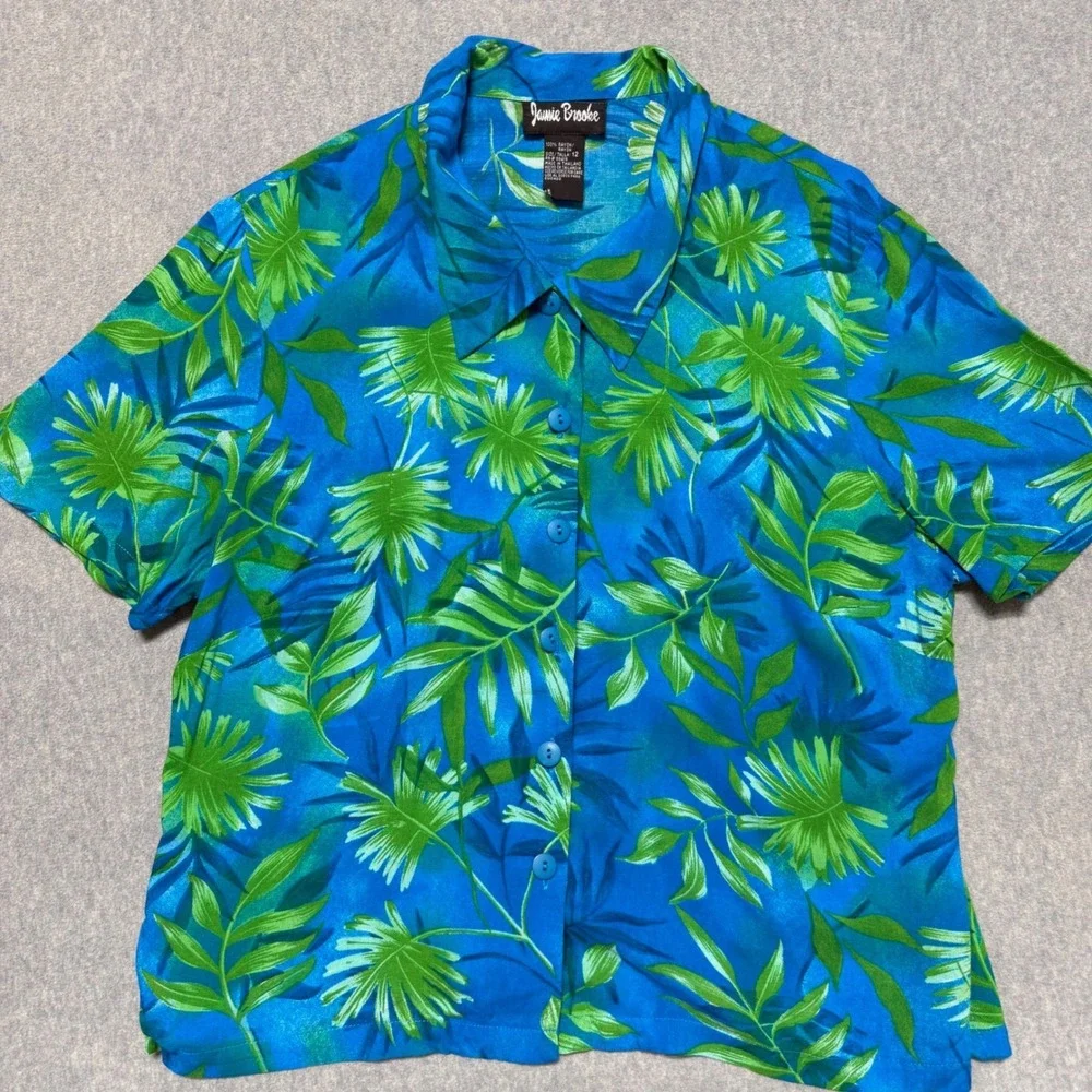 Jamie Brooke Womens Tropical Leaf Button‎ Up Shirt Blue Green Rayon Size 12